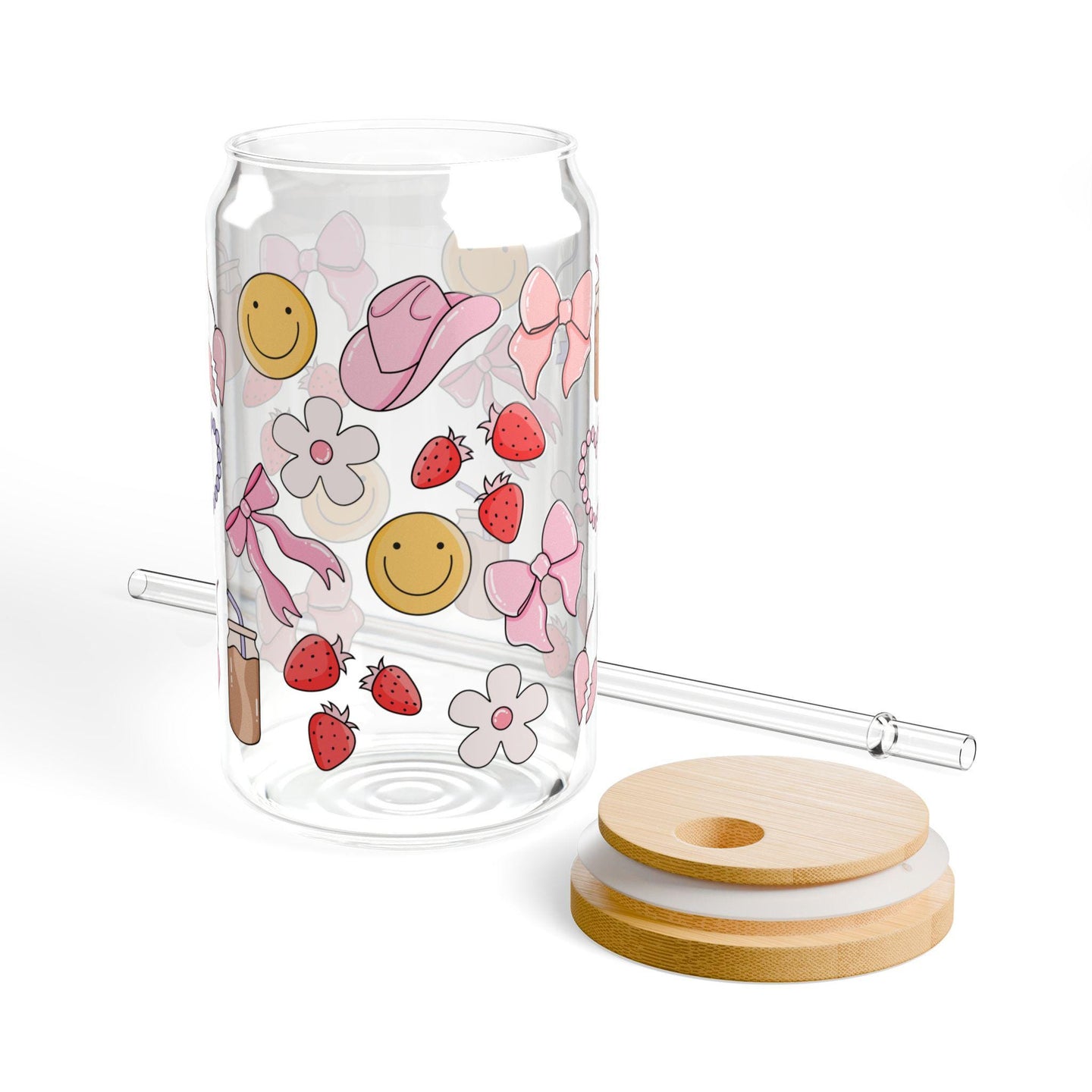 Girly coquette cowgirl glass cup with bamboo lid glass straw, Cute Cup Beer Can Iced Coffee Glass Cup Cute funny Glass Cup gift for her
